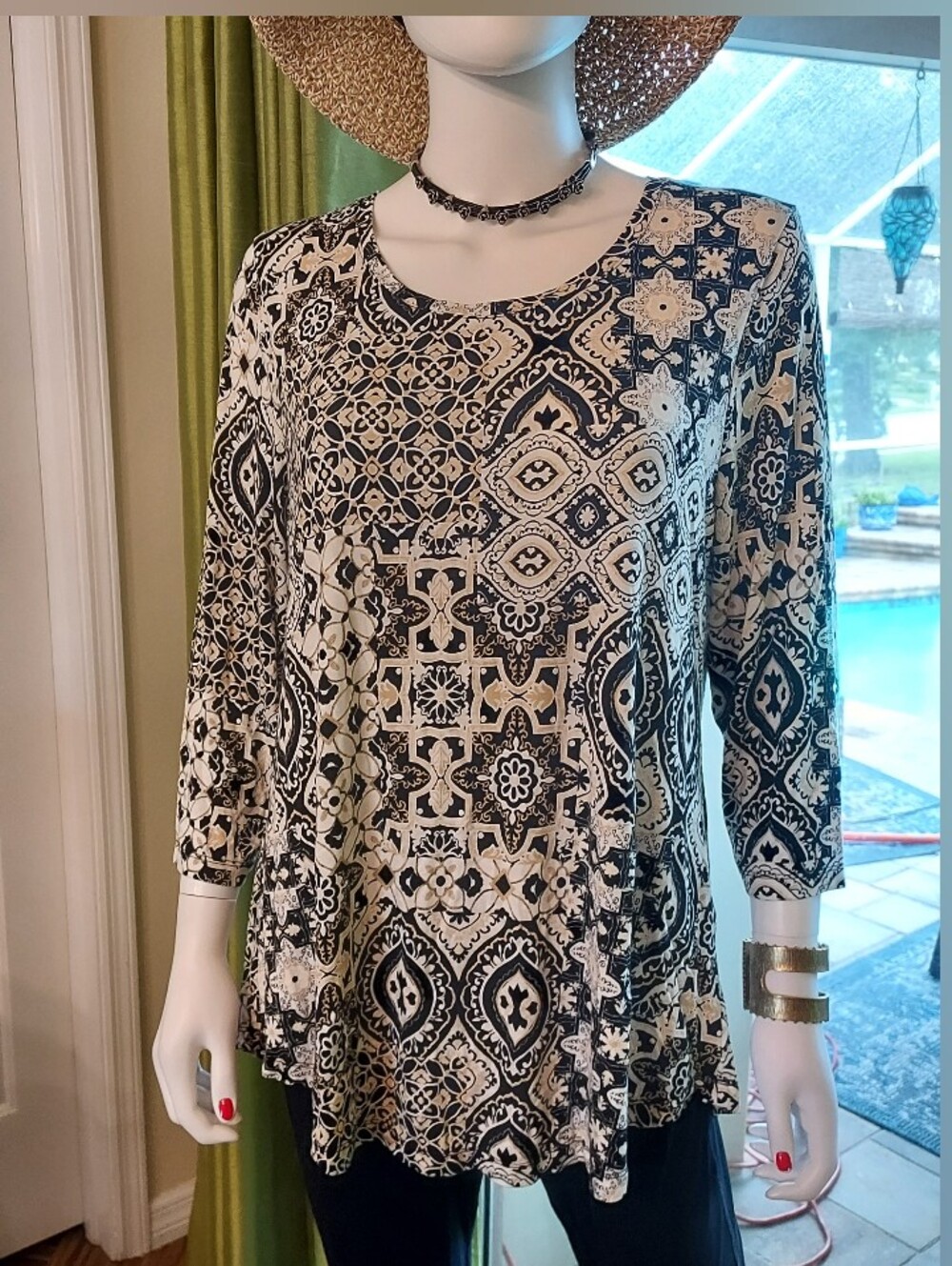 JM Collection Black & Cream Boho Tile-Print Peplum Tunic